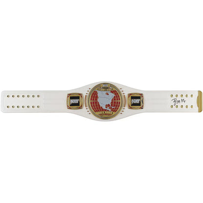 A white and gold boxing championship belt featuring a central round plate with a red and gold map design, flanked by two digital weight displays showing 140 lbs, with a signature on the right strap.