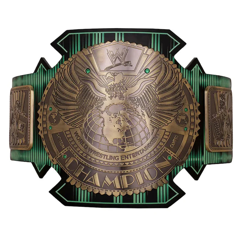 WWE World Wrestling Entertainment Intercontinental Champion belt featuring a large bronze eagle and globe design with green and black striped strap panels on a white background.