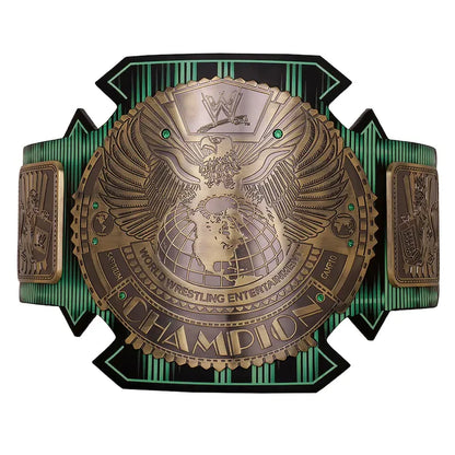 WWE World Wrestling Entertainment Intercontinental Champion belt featuring a large bronze eagle and globe design with green and black striped strap panels on a white background.