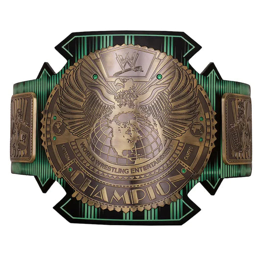 WWE World Wrestling Entertainment Intercontinental Champion belt featuring a large bronze eagle and globe design with green and black striped strap panels on a white background.