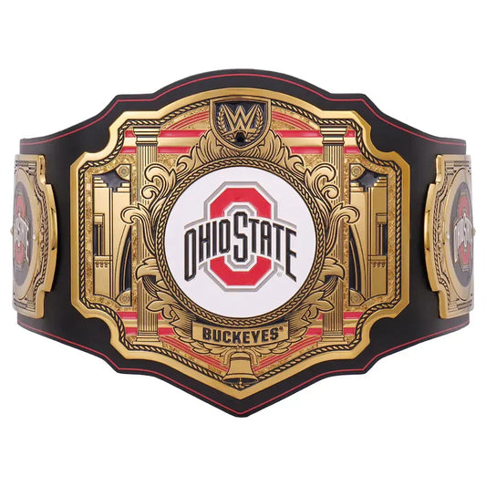 Wrestling championship belt featuring the Ohio State Buckeyes logo, with ornate gold and red detailing on a black strap, shown against a plain white background.
