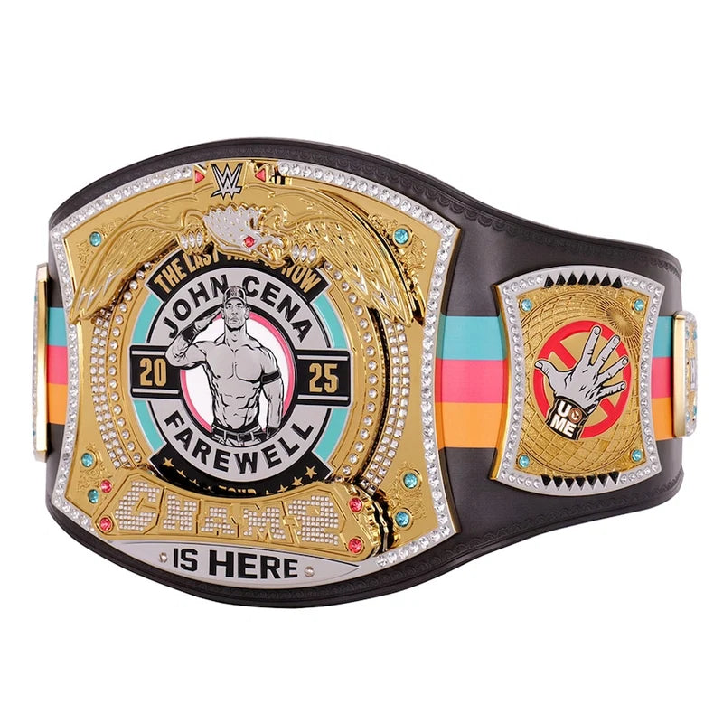 Wrestling championship belt with 'John Cena Farewell' text on a white background