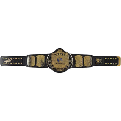 A WWE Championship belt with a black leather strap and gold-toned metal plates, shown horizontally against a plain white background.