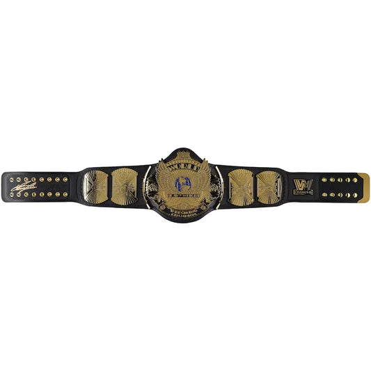 A WWE Championship belt with a black leather strap and gold-toned metal plates, shown horizontally against a plain white background.