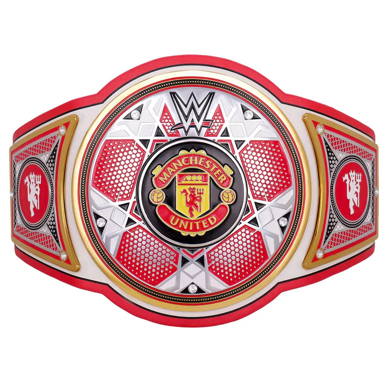 WWE Manchester United Champions Belt replica, featuring a large central medallion with the Manchester United crest, flanked by two red and white side plates with gold trim, on a plain white background.