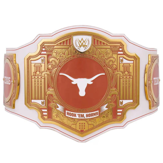 A Texas Longhorns WWE championship belt featuring a white and gold design with a central red circle containing a white longhorn silhouette and the text 'HOOK 'EM, HORN'S'.