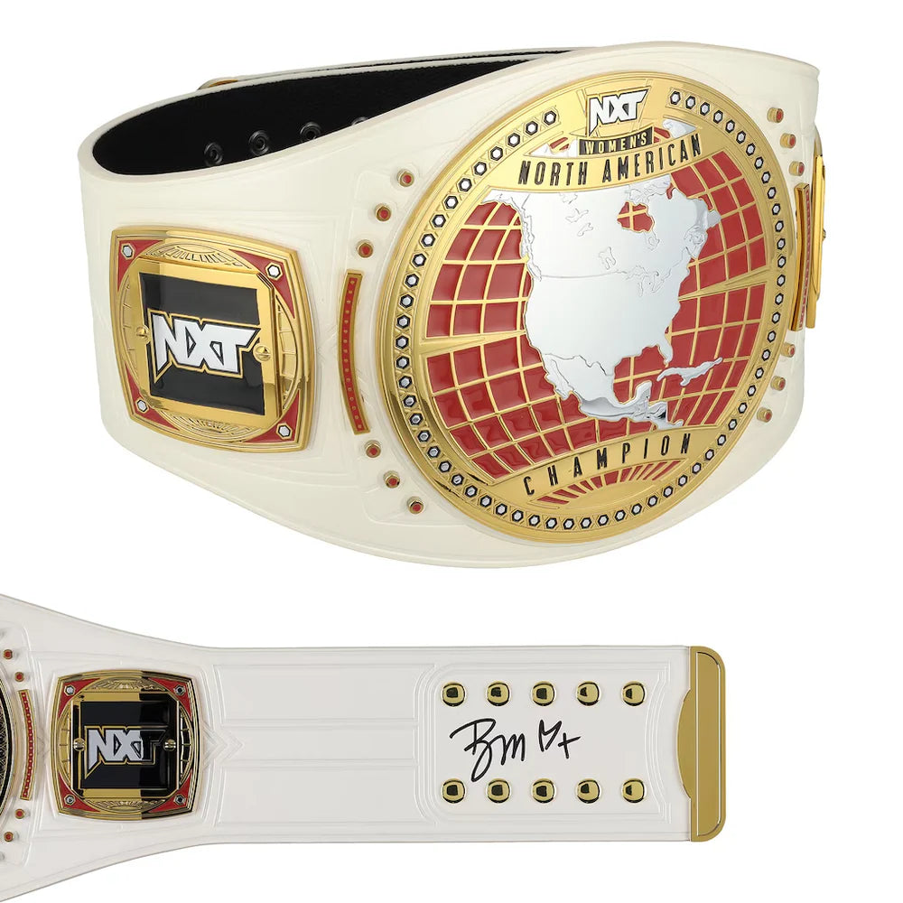 An NXT North America Championship belt shown from two angles on a white background. The belt strap is white leather with gold-tone hardware, featuring a large oval medallion with a red grid background and a white map of North America, plus a smaller rectangular NXT logo plate.