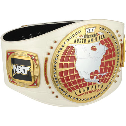 NXT Wrestling North American Champion belt featuring a cream-colored strap with gold-plated metal plates, a red and gold grid globe design, and a white map of the United States in the center.