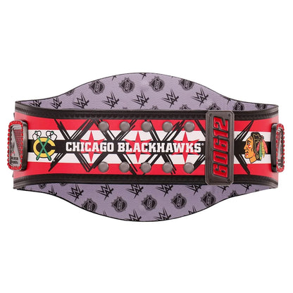 A Chicago Blackhawks WWE wrestling belt featuring a purple patterned fabric body, a red and white center stripe with black graphics, and a black buckle with red '2012' text.