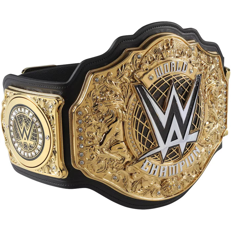 WWE World Champion belt with an ornate gold-tone plate, black leather strap, and silver-and-black WWE logo, shown on a plain white background.