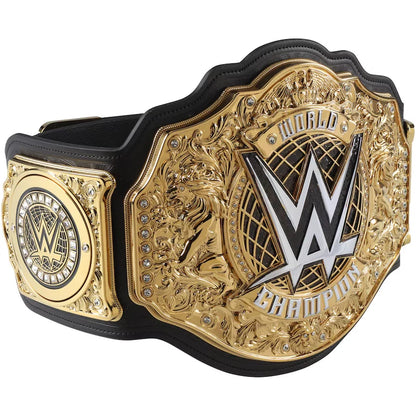 WWE World Champion belt with an ornate gold-tone plate, black leather strap, and silver-and-black WWE logo, shown on a plain white background.