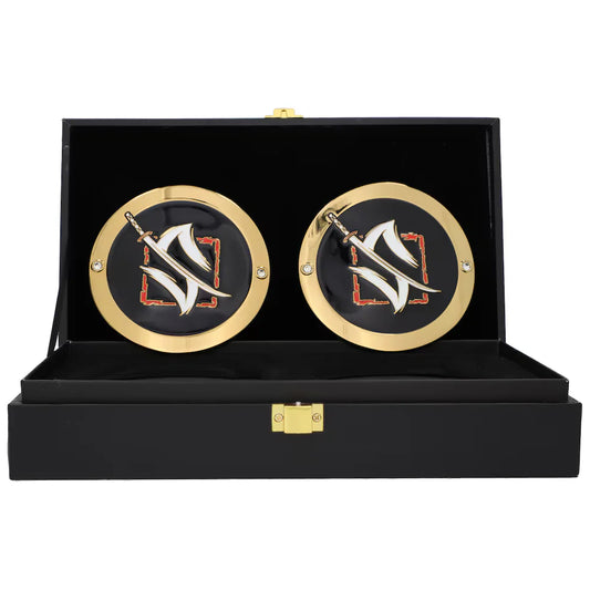 Cufflinks with a design in a black display box on a white background Shinsuke Nakamura 16MM Replica Title Plate Box Set