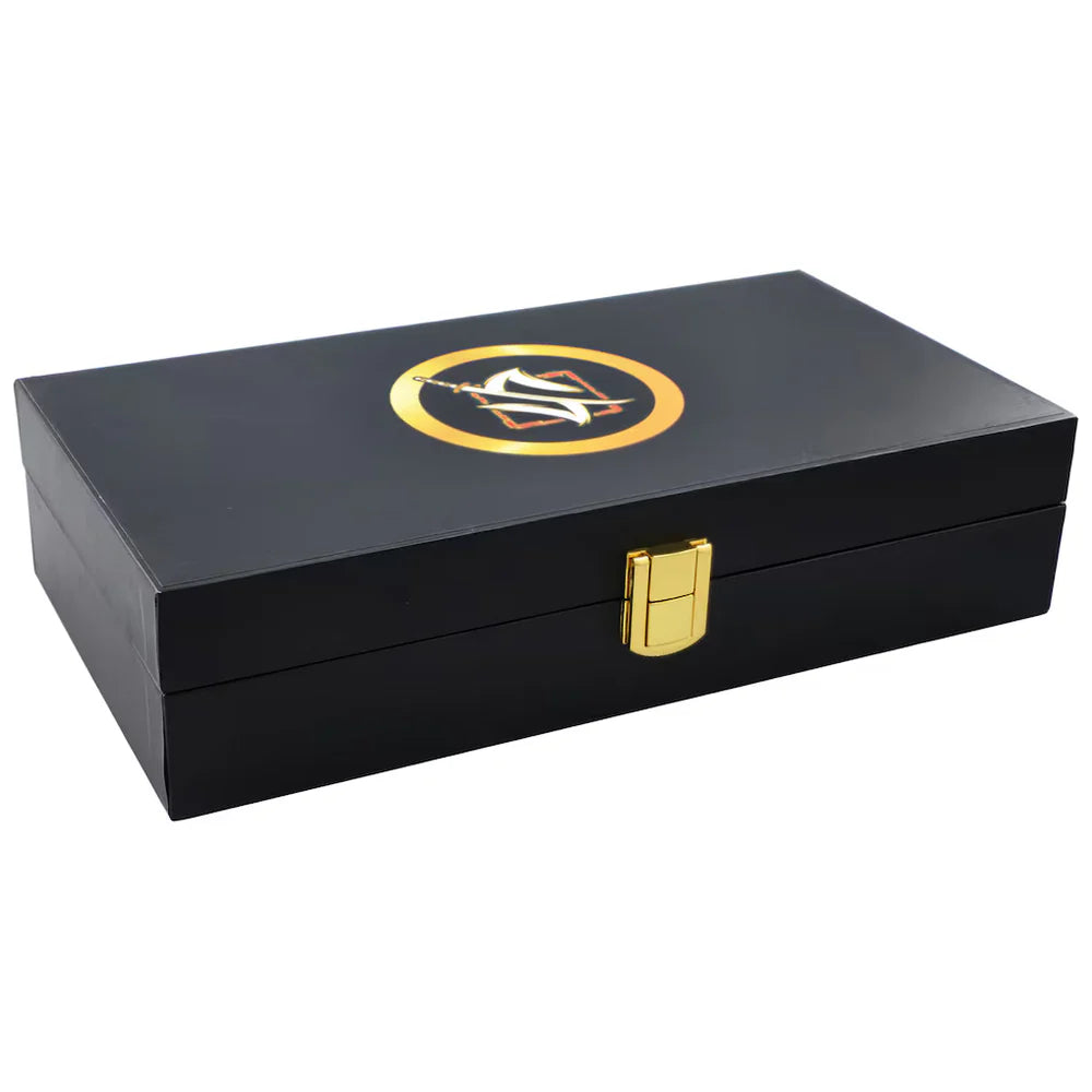 Black wooden box with a gold lock and emblem on a white background Shinsuke Nakamura 16MM Replica Title Plate Box Set