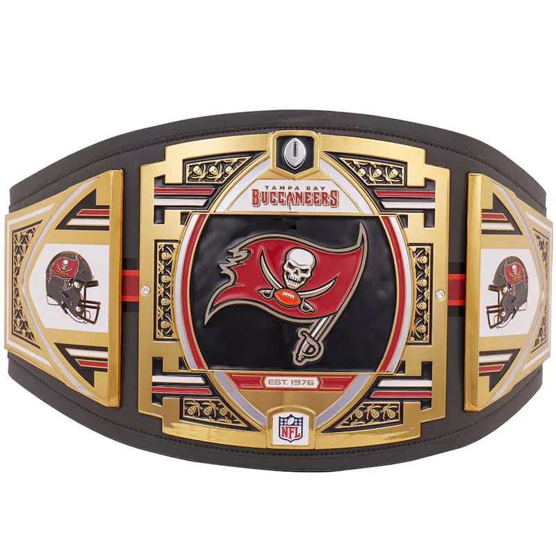 Tampa Bay Buccaneers championship belt with team logo and colors on a white background