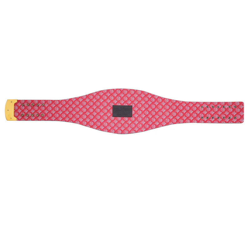 Pink patterned belt with a black label on a white background