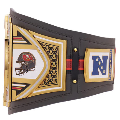 Black championship belt with gold and red accents on a white background
