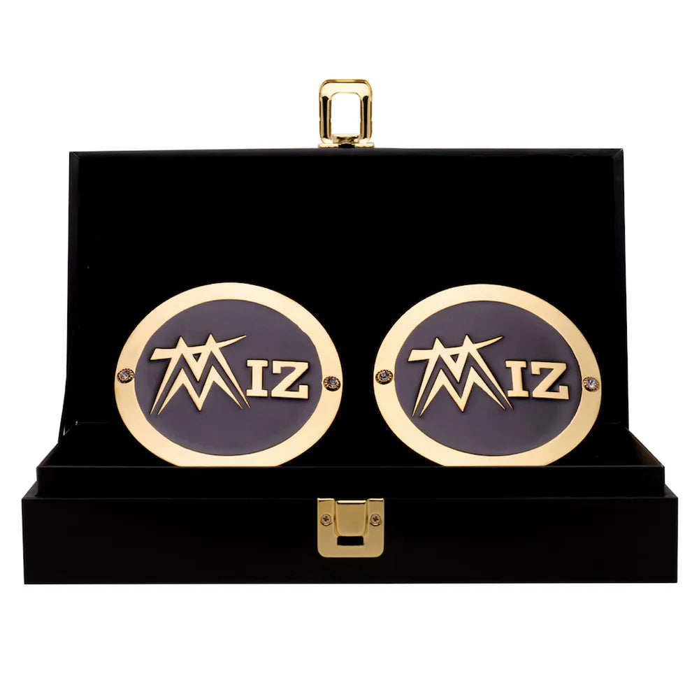 Pair of cufflinks with 'MIZ' logo on a black display box The Miz 16MM Replica Side Plate Box Set