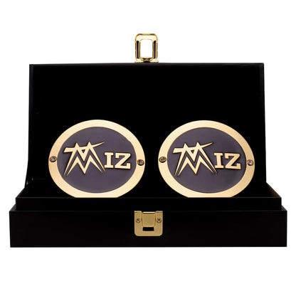 Pair of cufflinks with 'MIZ' logo on a black display box The Miz 16MM Replica Side Plate Box Set
