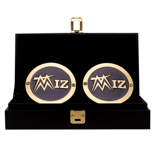 Pair of cufflinks with 'MIZ' logo on a black display box The Miz 16MM Replica Side Plate Box Set