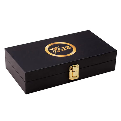 Black jewelry box with gold emblem and clasp on a white background The Miz 16MM Replica Side Plate Box Set