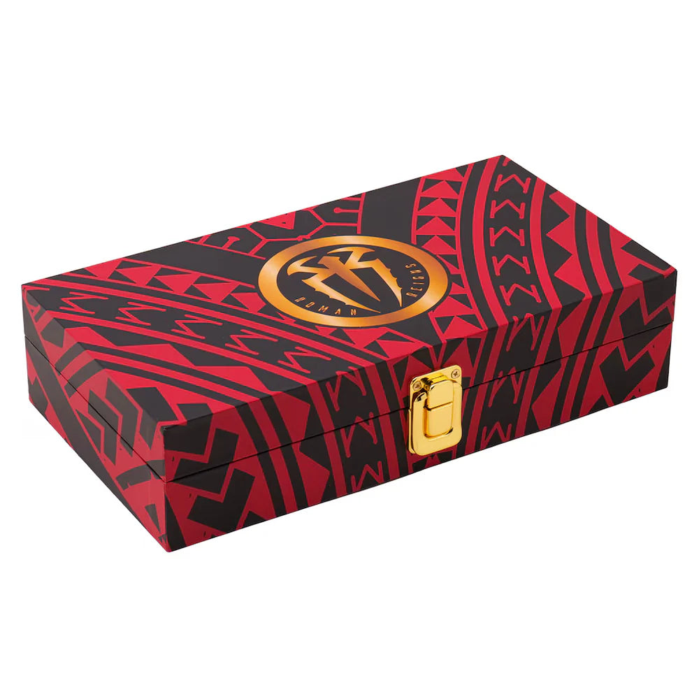 Red and black patterned box with a gold lock and emblem on a white background Tribal Chief Edition Roman Reigns 16MM WWE Replica Side Plate Box Set