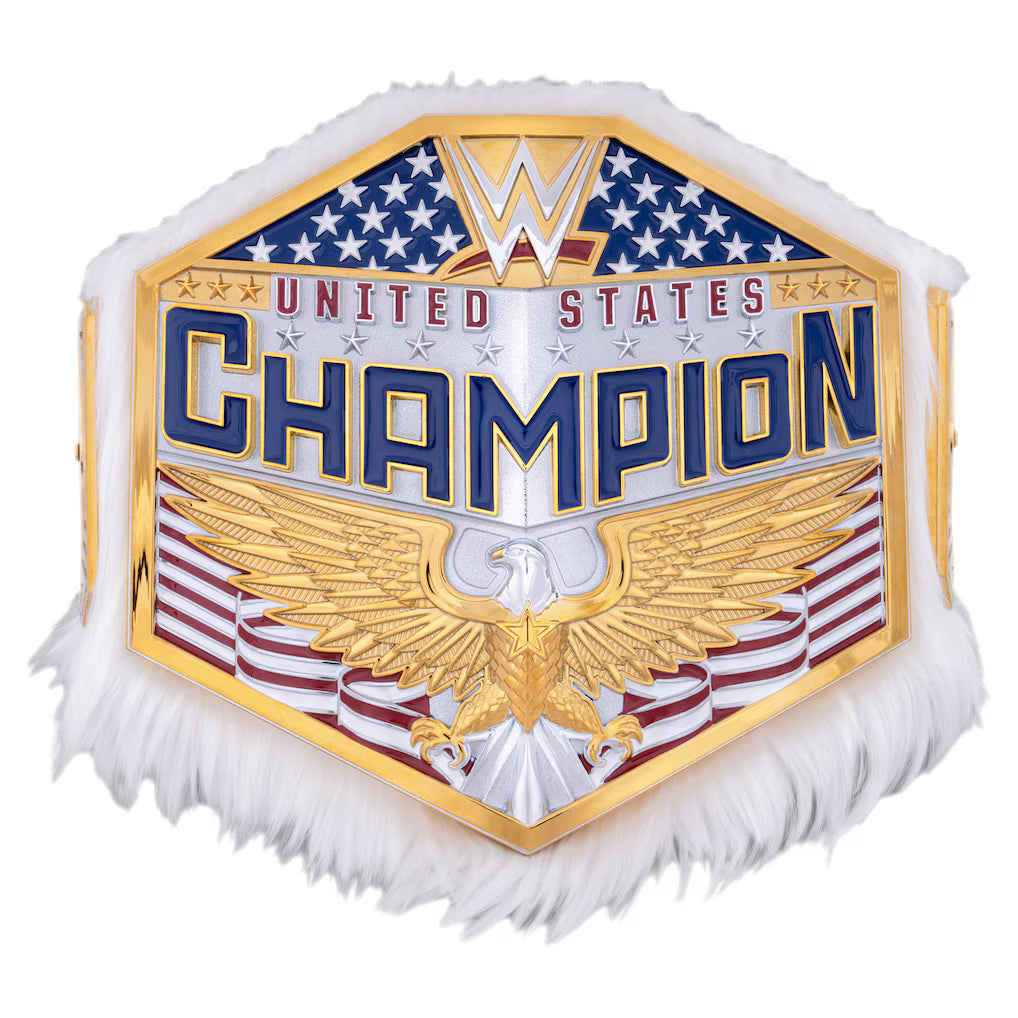 WWE United States Champion belt featuring a gold and silver eagle design, an American flag motif, and white faux fur trim, shown on a plain white background.