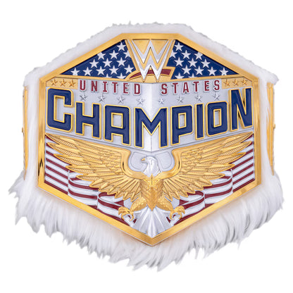 WWE United States Champion belt featuring a gold and silver eagle design, an American flag motif, and white faux fur trim, shown on a plain white background.