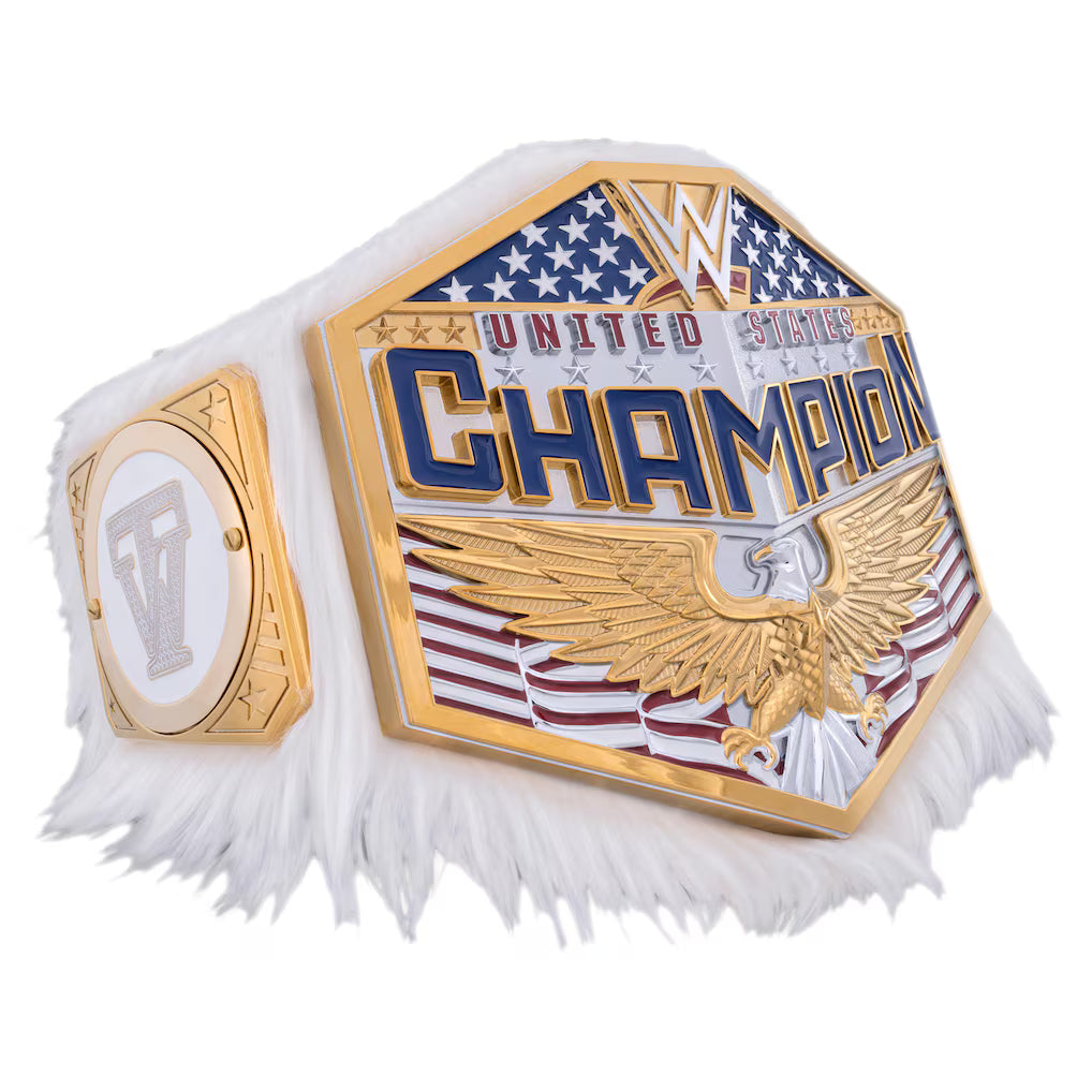 A WWE United States Champion belt featuring a large gold and white eagle emblem, blue and gold lettering, an American flag design, and a white faux-fur trim, shown on a plain white background.