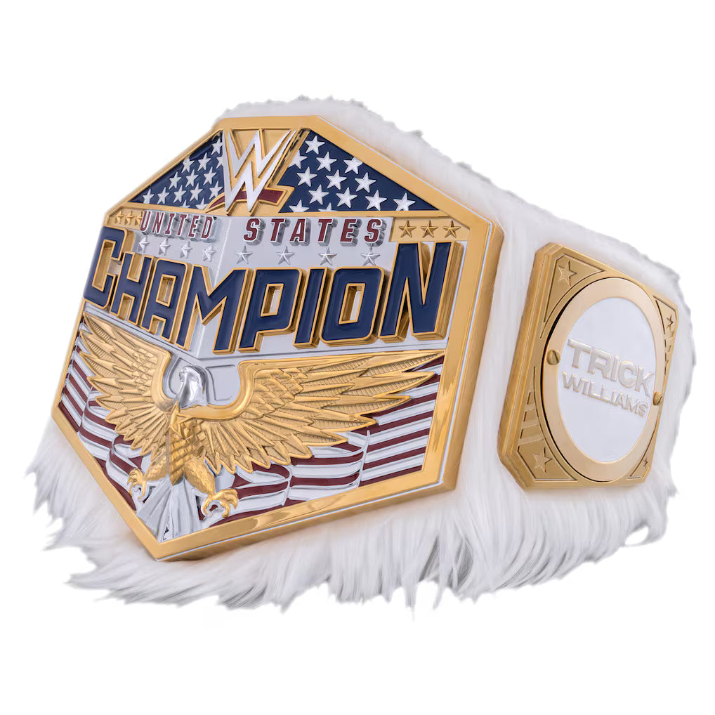 A WWE championship belt with a white faux-fur trim, featuring a gold-plated main plate with an eagle design, American flag motif, and the text 'United States Champion,' plus a side plate reading 'Trick Williams.'.