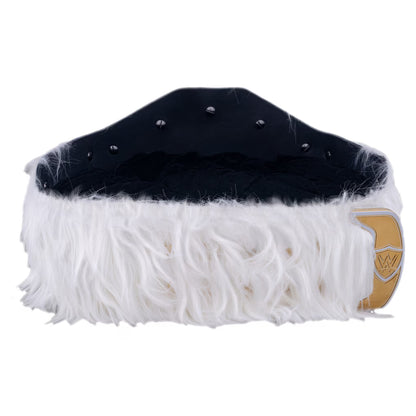 A black and white faux fur skullcap with silver studs on the top and a gold shield emblem on the side, shown against a plain white background.