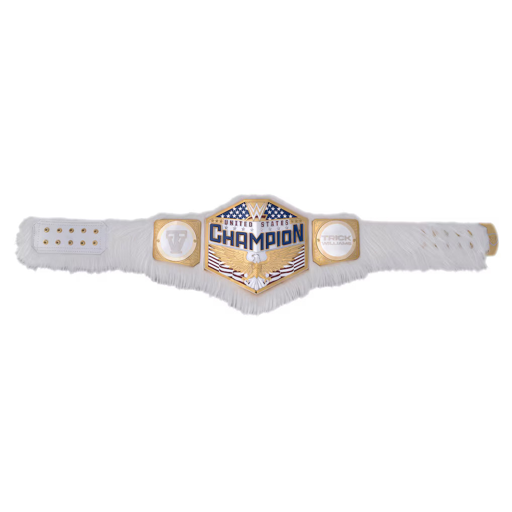 A white faux fur championship belt featuring gold-plated metal plates with blue and silver details, including the text 'United States Champion' and a central eagle emblem.