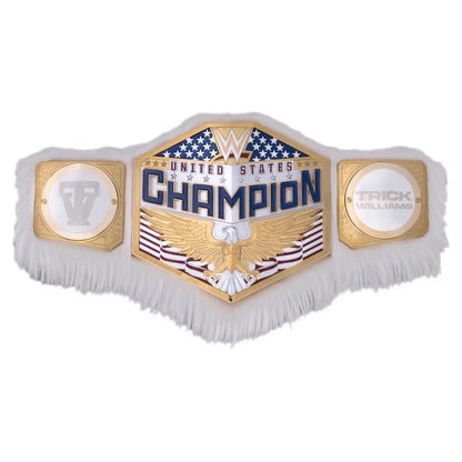 A championship belt with a white faux-fur base, featuring a central gold-toned hexagonal plate reading 'United States Champion' with an eagle and American flag motif, plus two side plates with circular inserts.