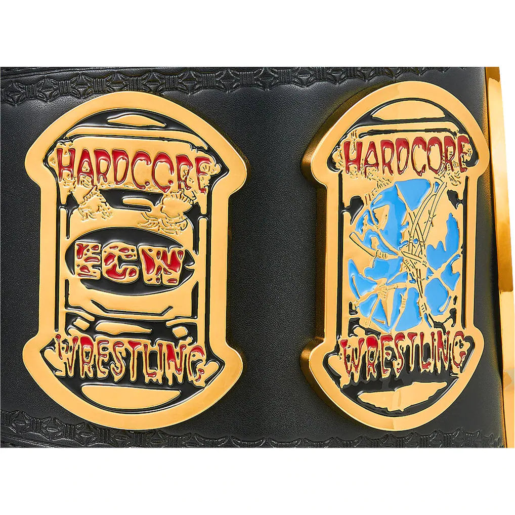 Two ornate championship belt plates on a black textured strap, featuring gold-tone metal borders and lettering. The left plate reads 'HARDCORE ECW WRESTLING' with red and gold details, and the right plate reads 'HARDCORE ECW WRESTLING' with blue and gold details.