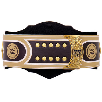 Wrestling championship belt with gold and black design on a white background