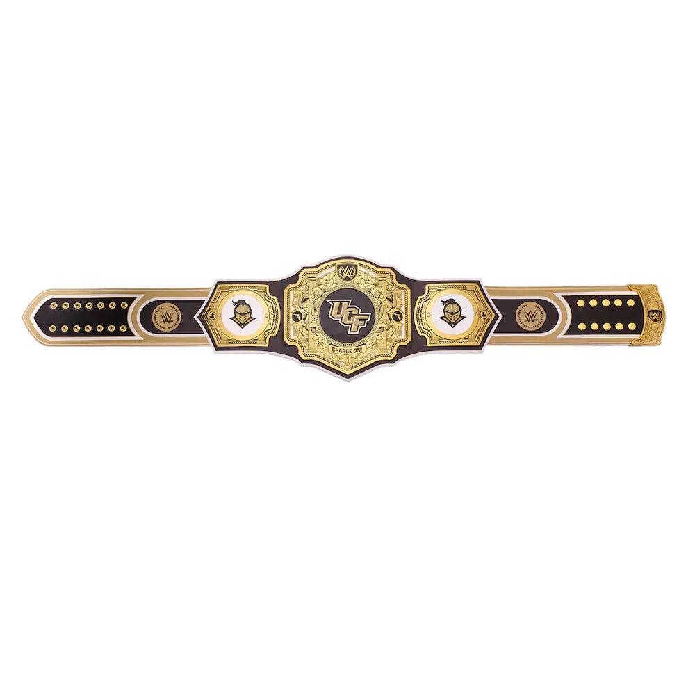 A replica championship belt for the University of Colorado Buffaloes, featuring a gold and black design with white and gold details, displayed horizontally on a solid white background.