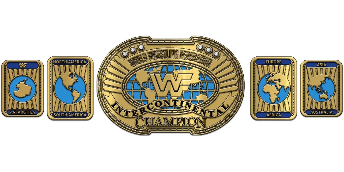 A championship belt with a large central gold-toned medallion reading 'WF Intercontinental Champion' and five matching gold-toned region plates on each side, shown on a plain white background.