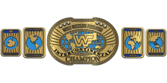 A championship belt with a large central gold-toned medallion reading 'WF Intercontinental Champion' and five matching gold-toned region plates on each side, shown on a plain white background.
