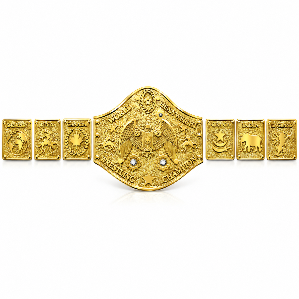 A gold championship belt with a large central shield-shaped plate and six smaller rectangular end plates, all embossed with animal and sport motifs. The center plate features an eagle design with small blue gemstones, and the words 'WORLD HEAVYWEIGHT WRESTLING CHAMPION' are visible.