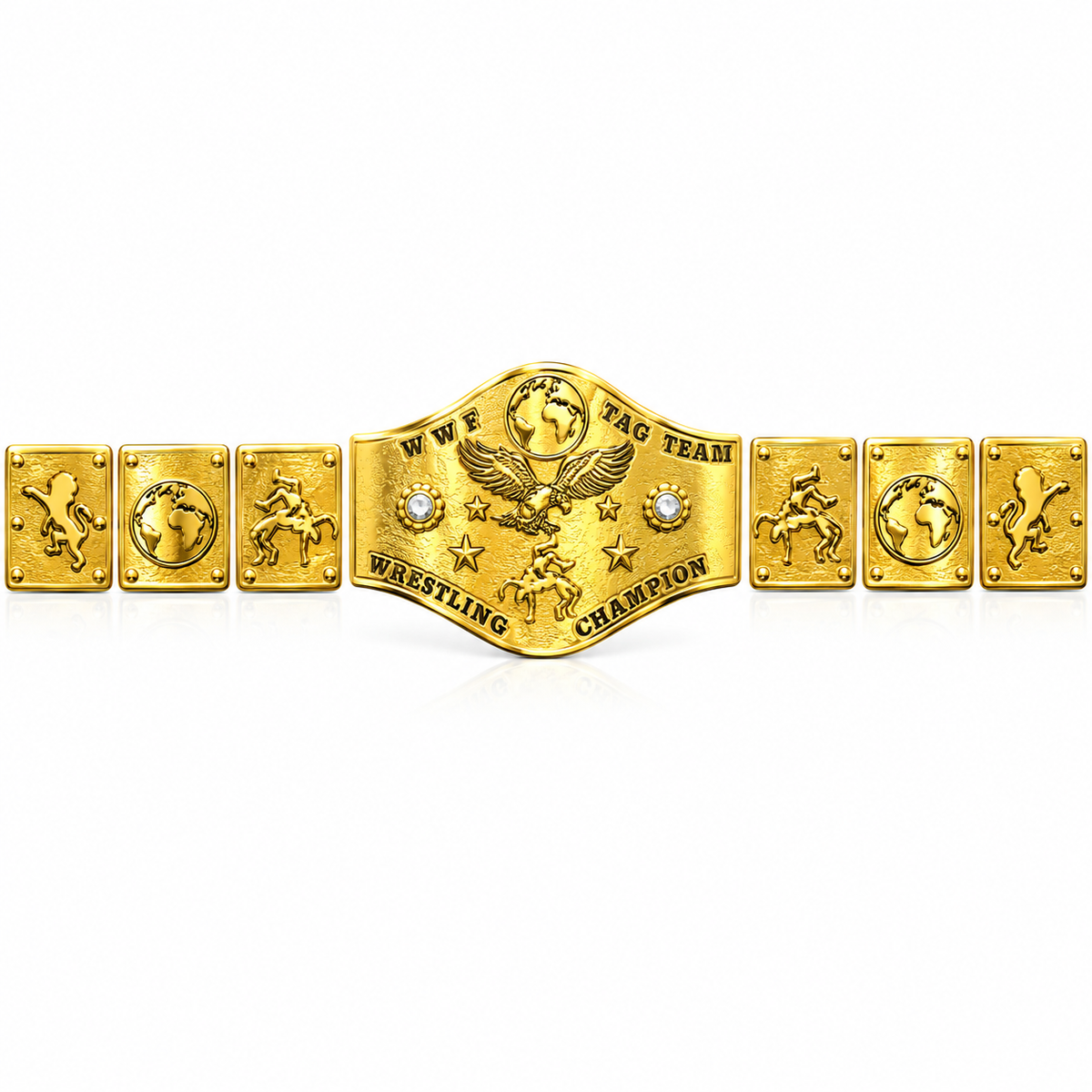 A gold-colored WWE Tag Team Championship belt with multiple engraved metal plates, featuring an eagle and wrestlers, displayed on a clean white background.