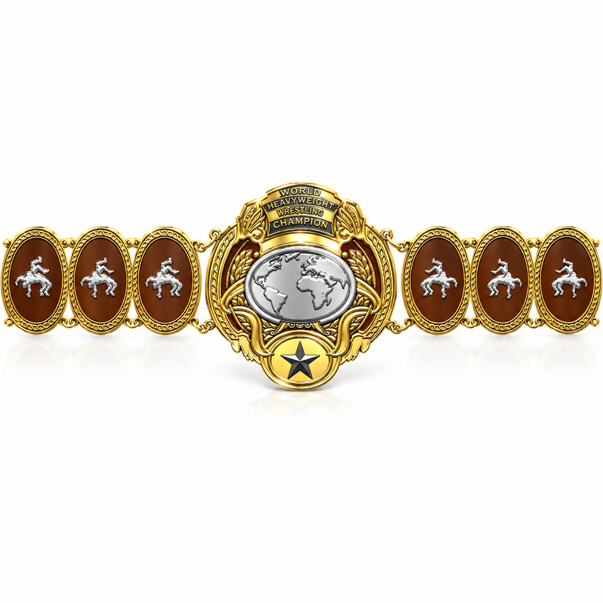 A gold-toned championship horse belt with brown enamel panels featuring silver horse-and-rider motifs, a central globe emblem, and a blue star, shown on a white background.
