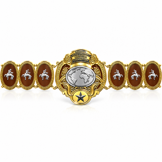 A gold-toned championship horse belt with brown enamel panels featuring silver horse-and-rider motifs, a central globe emblem, and a blue star, shown on a white background.