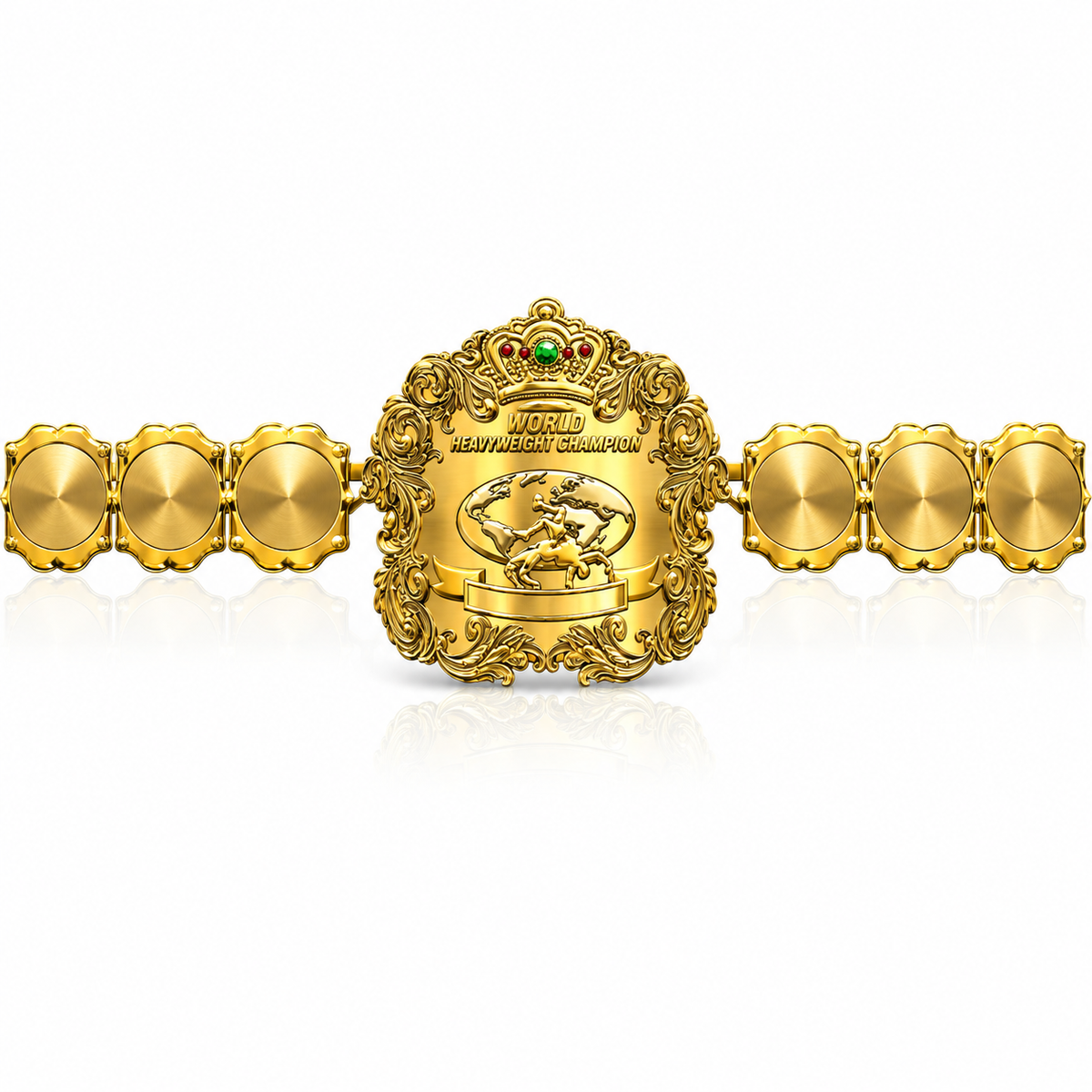 A gold-colored championship belt with an ornate central plaque reading 'WORLD HEAVYWEIGHT CHAMPION' and a bull-and-rug emblem, flanked by five round gold plates on each side, shown on a white background with a reflection.
