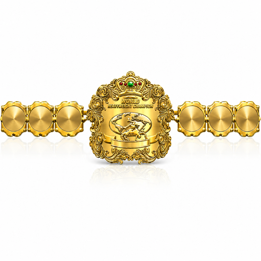 A gold-colored championship belt with an ornate central plaque reading 'WORLD HEAVYWEIGHT CHAMPION' and a bull-and-rug emblem, flanked by five round gold plates on each side, shown on a white background with a reflection.