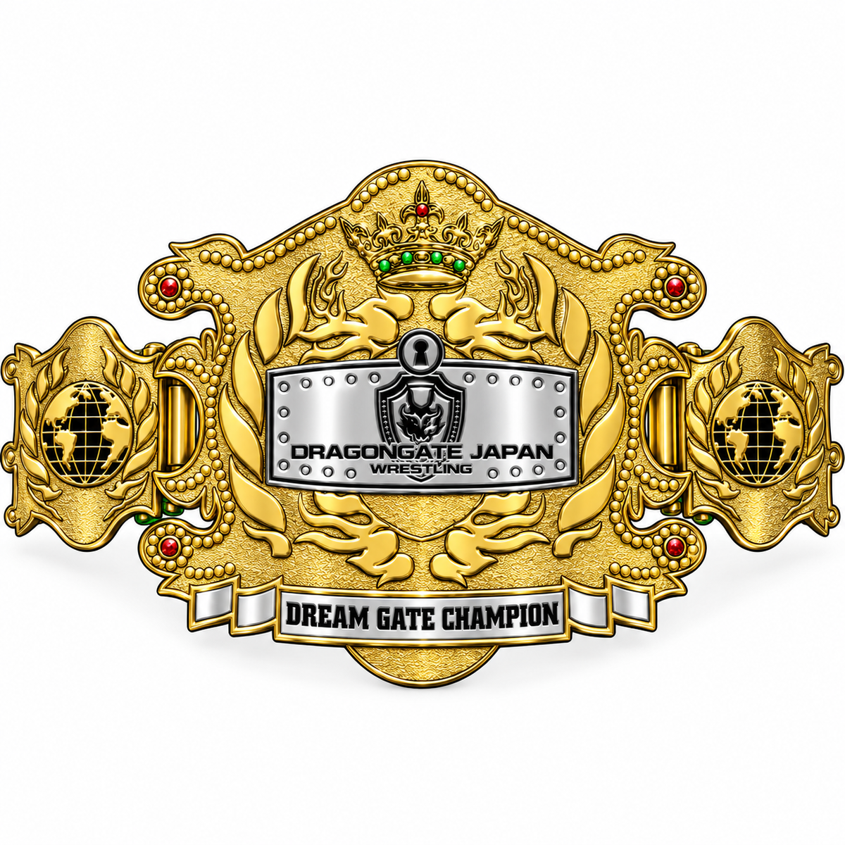 A gold and silver Dragon Gate Japan Wrestling championship belt on a plain white background. The belt features an ornate golden design with a central silver plate, a small green and red jewel on a crown, and the text 'DRAGON GATE JAPAN WRESTLING' and 'DREAM GATE CHAMPION'.