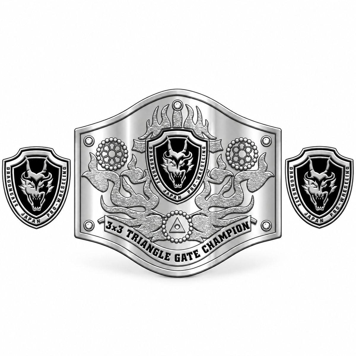 A silver metal replica belt plate featuring a 3x3 triangle gate champion design, with two matching shield emblems on the sides, shown on a plain white background.