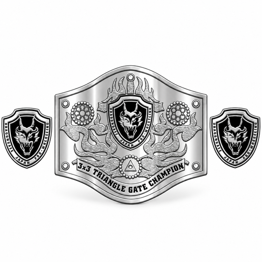 A silver metal replica belt plate featuring a 3x3 triangle gate champion design, with two matching shield emblems on the sides, shown on a plain white background.