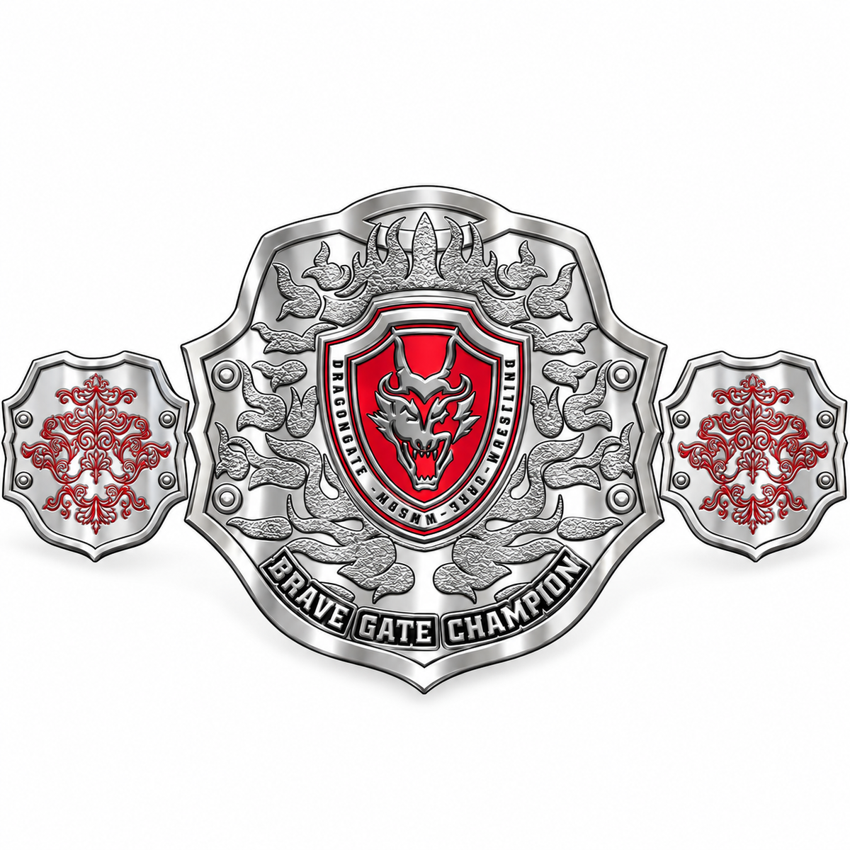 A silver metal championship belt with a large central shield and two smaller side shields, featuring a red dragon crest and the words 'BRAVE GATE CHAMPION' on a white background.