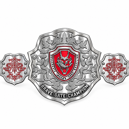 A silver metal championship belt with a large central shield and two smaller side shields, featuring a red dragon crest and the words 'BRAVE GATE CHAMPION' on a white background.
