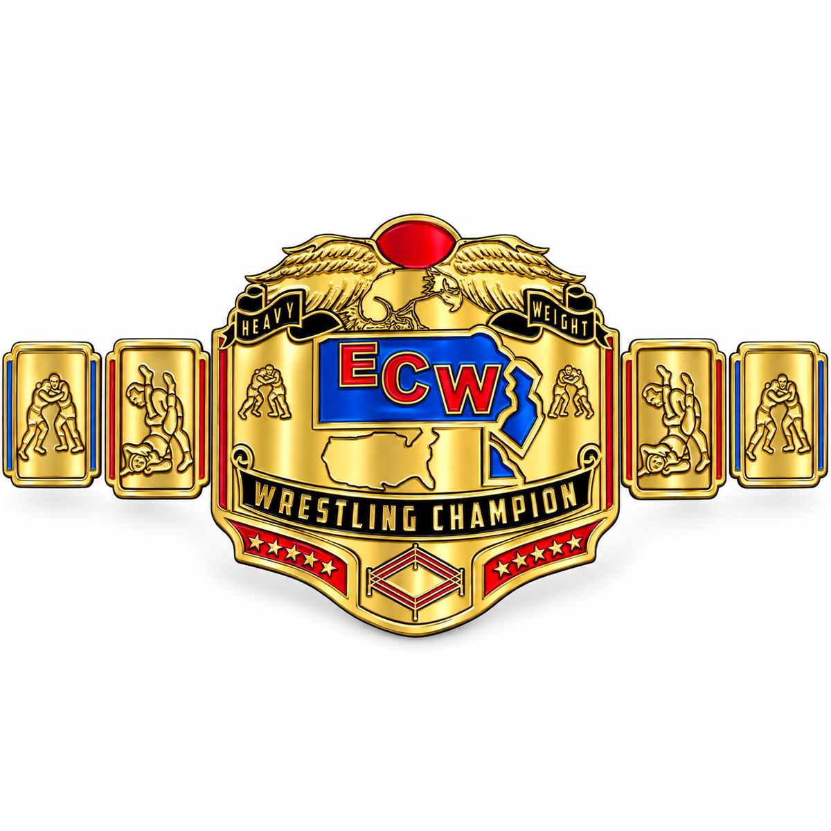 Gold ECW Wrestling Champion belt with a large central shield emblem featuring the red and blue ECW logo, eagle details, and side plates with wrestler graphics, shown on a plain white background.