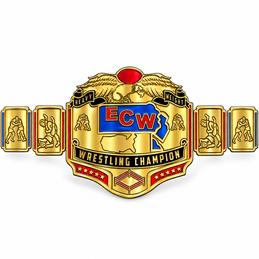 Gold ECW Wrestling Champion belt with a large central shield emblem featuring the red and blue ECW logo, eagle details, and side plates with wrestler graphics, shown on a plain white background.